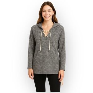 NWT Charmed Hearts Waffle Knit Hoodie Tunic XL Gray Lace-Up Long Sleeve